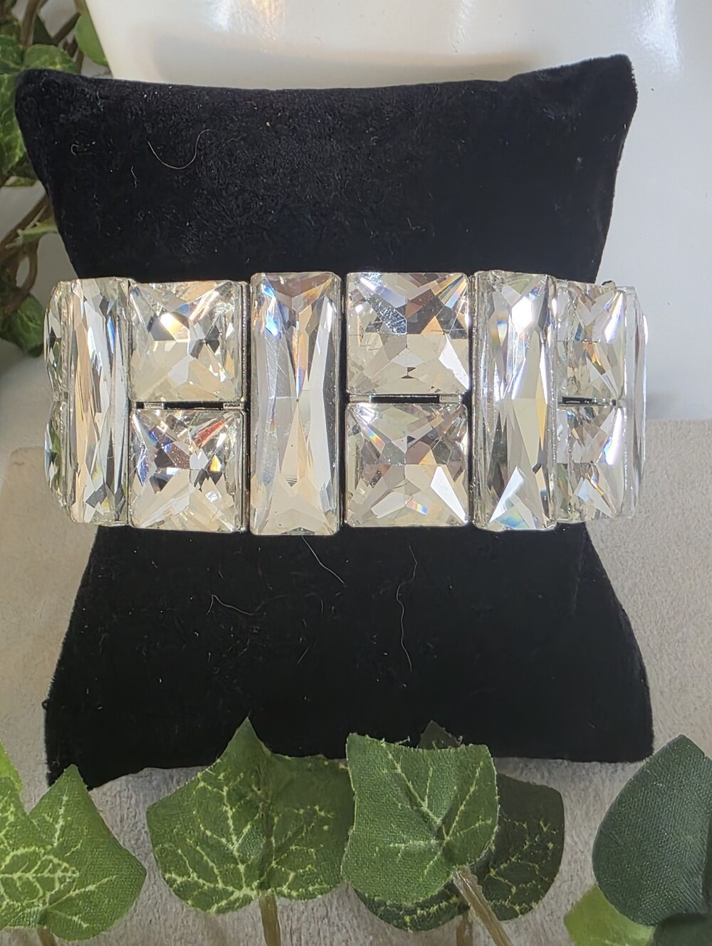 Geometric Emerald & Princess Cut Crystal Rhinestone Wide Stretch Cuff Bracelet